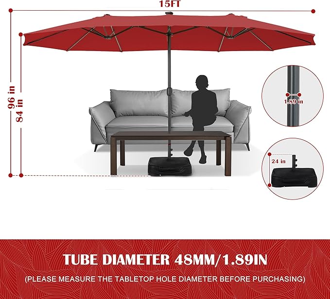 Sundale Outdoor Solar 15 ft 144 LED Olefin 5-Year-Non-Fading Patio Umbrella with Sandbag Base Included and Cover, Outdoor Double-Sided Umbrella with Lights