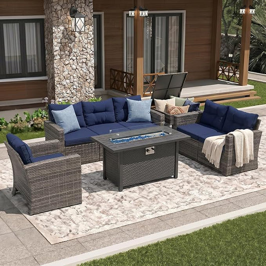 Super Patio 8 Pieces Outdoor Patio Furniture Set with 45” Fire Pit Table, Rattan Patio Conversation Sets with 50000 BTU Gas Fire Pit, Sectional Sofa Set with Storage Box, Navy Blue (Without Table)