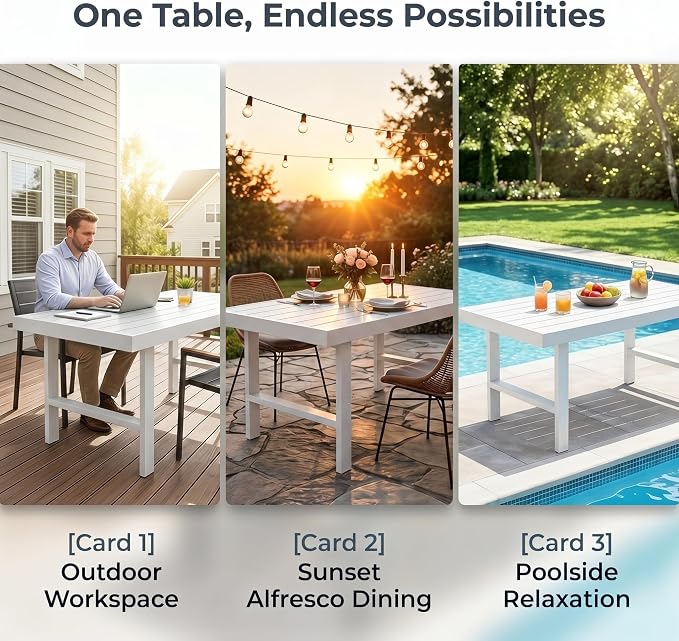 Wisteria Lane Aluminum Outdoor Patio Furniture Dining Table, All-Weather Outdoor Metal Dining Table, Modern Rectangle High Table for Party, for Balcony, Garden, White