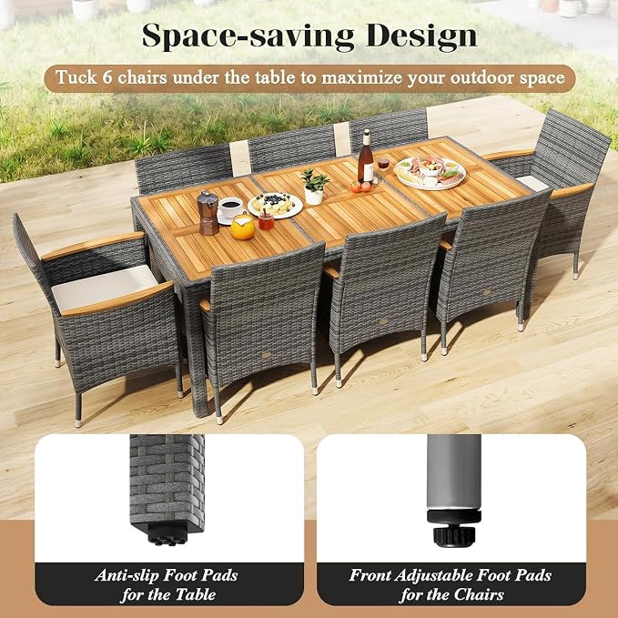 COSTWAY 9-Piece Patio Dining Set for 8, Outdoor Rattan Wicker Table and Chairs Furniture Set with Umbrella Hole, Acacia Wood Tabletop for Backyard, Balcony, Poolside, Grey & White