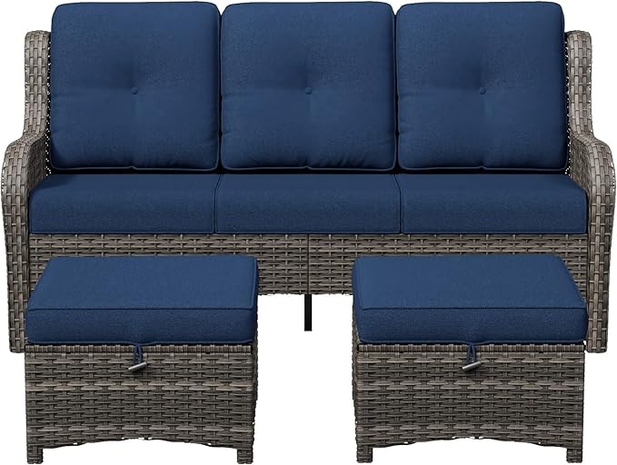 3-Piece Outdoor Couch Set, Include Wicker Patio Sofa with Thickened Olefin Cushions, High Back and Deep Seating, Hand-Woven PE Rattan and 2 Ottomans, Patio Conversation Set for Porch, Deck