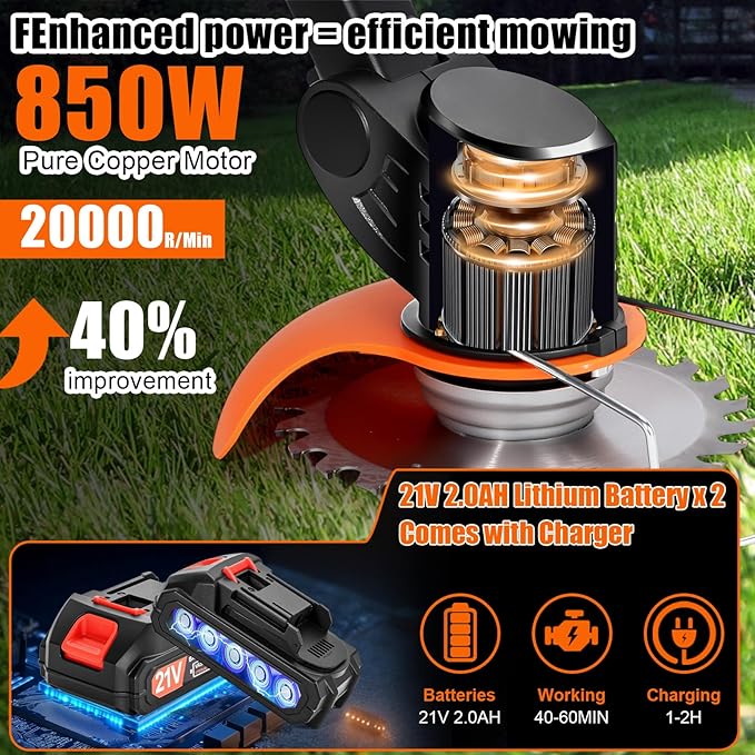 Electric Weed Wacker Cordless with Wheels, 2pcs Batteries&4 Types Blades,Lightweight, Low Noise Weed Trimmer 21V stringless Weed Wacker, Grass Trimmer/Brush Cutter/Edger, for Thick Weeds&Yard Garden