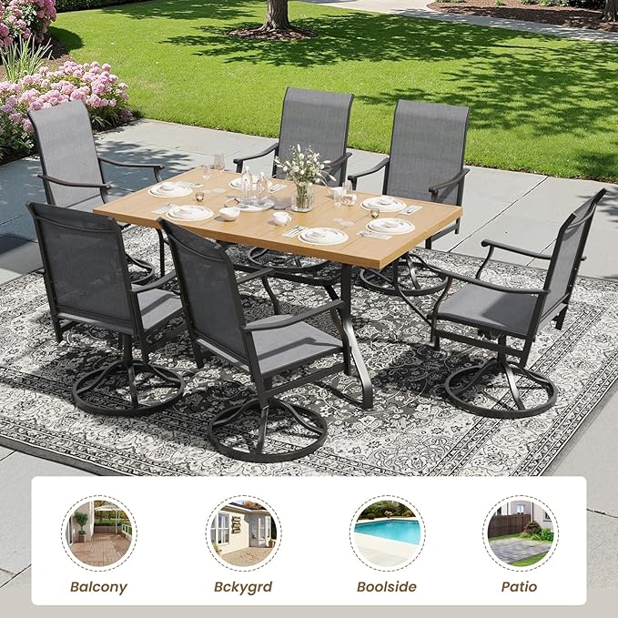 Soohow 7-Piece Outdoor Dining Set, Patio Dining Table and Chairs Set for 6, 6 x Swivel Patio Chairs and 60"x35" Dining Table with 1.57" Umbrella Hole, Wood-Like, Ideal for Poolside, Backyard, Deck