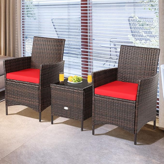 3 Pieces Patio Furniture Set, Wicker Outdoor Furniture with Water-Resistant Cushion & Tempered Glass Top Table, Conversation Set Bistro Set for Porch, Balcony, Backyard (Red)