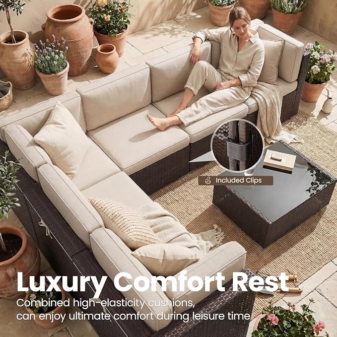 8 Pieces Patio Furniture Set with 44" Propane Gas Fire Pit Table, Outdoor Sectional Brown Rattan Wicker Conversation Sofa Sets with Coffee Table