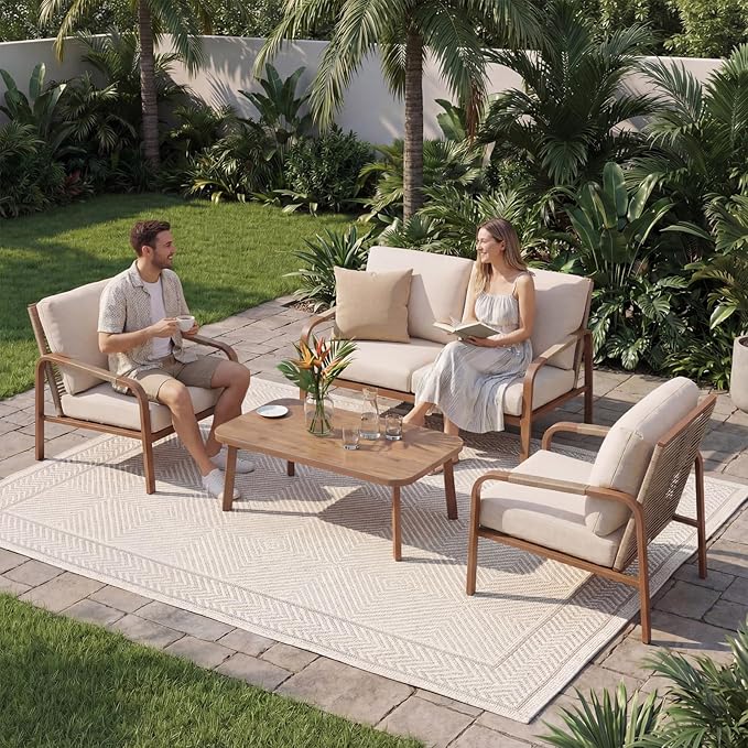 Aluminum Patio Conversation Set, 4-Piece Outdoor Furniture with Coffee Table, Loveseat and Cushions, All-Weather Sofa Set, Beige