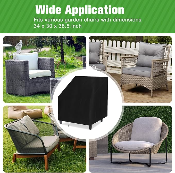 Outdoor Chair Cover Waterproof, High Back Stackable Patio Chair Cover for Lawn Furniture for Protecting (Black, 34Wx30Dx38.5H)