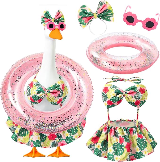 Summer Porch Goose Outfit with Sunglasses and Swim Ring for 23" Goose Statue Hawaiian Bikini Goose Outfits Porch Goose Clothes Costume for Garden Lawn Yard Decor(Hawaiian Flowers)