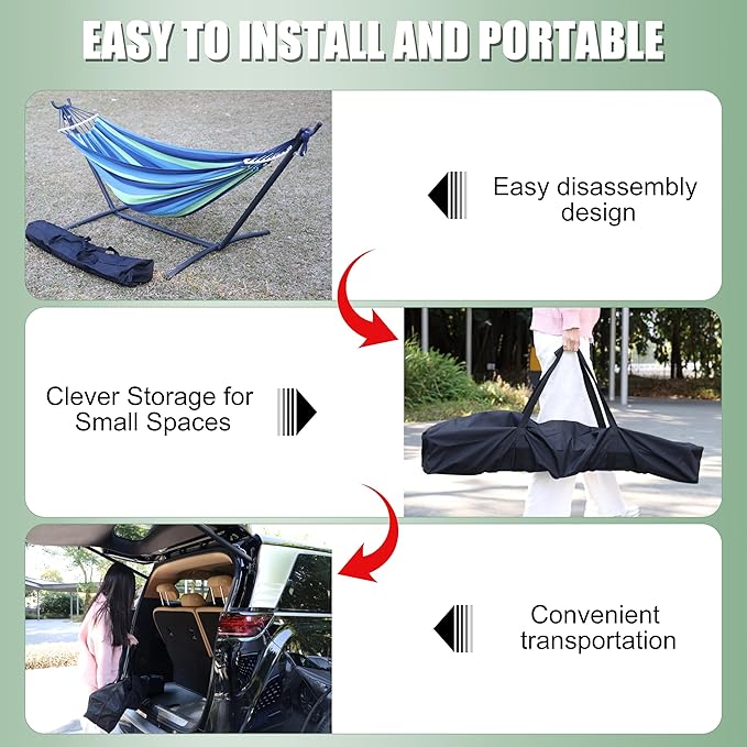 Double Hammock with Freestanding Steel Stand, Portable & Easy Setup, 550lb Capacity Heavy Duty for Patio, Garden,Backyard, Camping, Indoor & Outdoor - Includes Carry Bag (Blue Stripe)