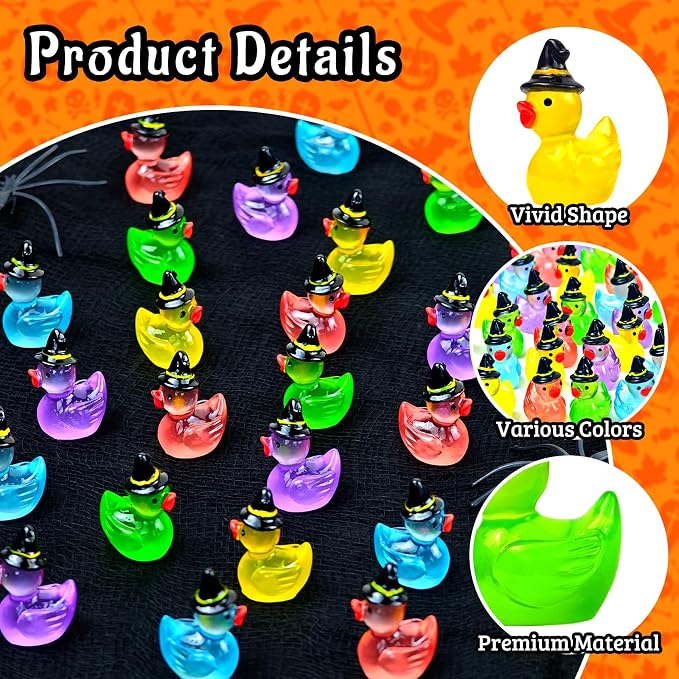 50 Pcs Halloween Luminous Mini Resin Ducks Miniature Figurines | Tiny Little Plastic Duck Figures with Witch Hat Glow in the Dark, Halloween Crafts Micro Landscape Fairy Garden Party Decor