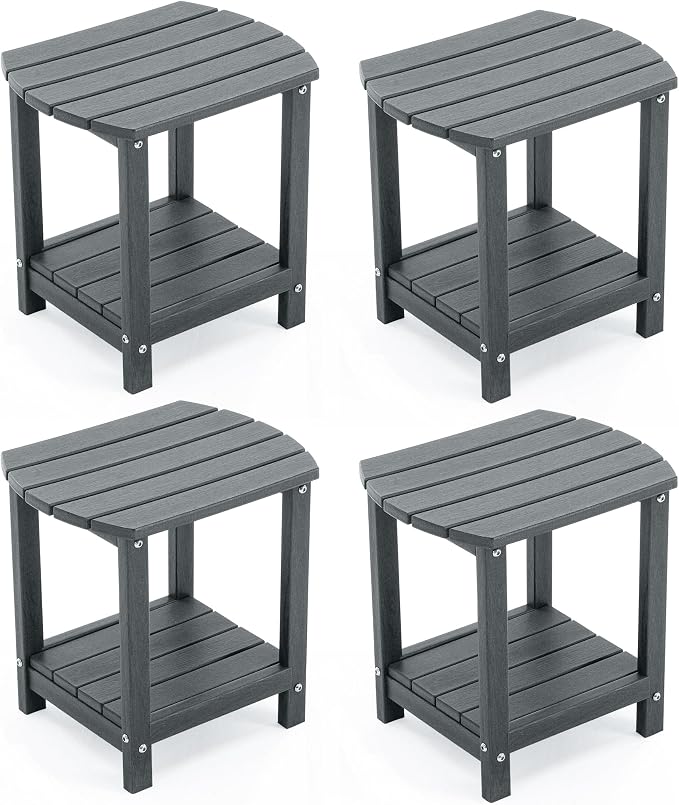 Adirondack Small Outdoor Side Table - Weatherproof HDPE Patio End Table with 2-Tier Storage for Firepit, Balcony, Garden, Poolside or Bathroom (Grey, Set of 4)