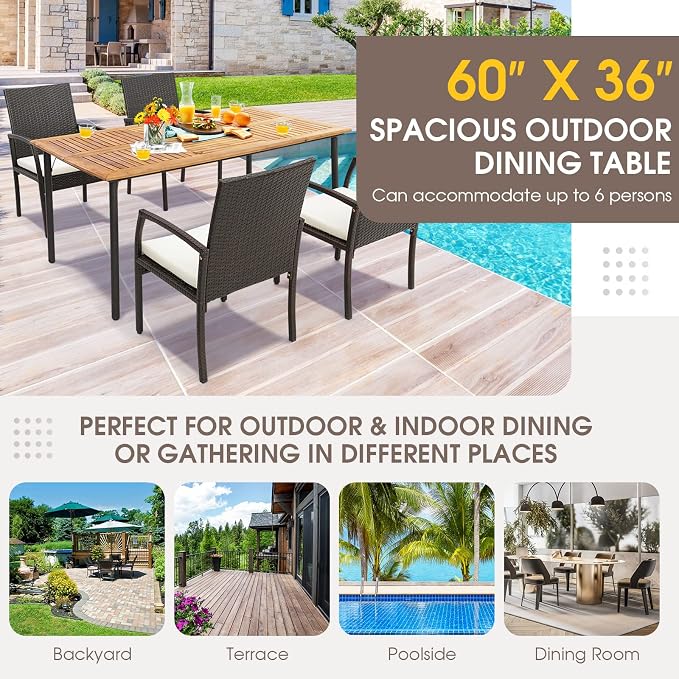 Tangkula 63" Acacia Wood Patio Dining Table for 6, Rectangular 6-Person Outdoor Dining Table with Metal Legs & Umbrella Hole, Indoor Outdoor Dining Furniture for Deck, Garden, Poolside & Backyard