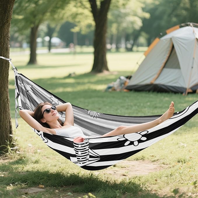 Black White Stripes Sun Moon Star 330lb Capacity Hammocks with Tree Straps Tree Hammock for Outside Patio Garden Base para hamaca
