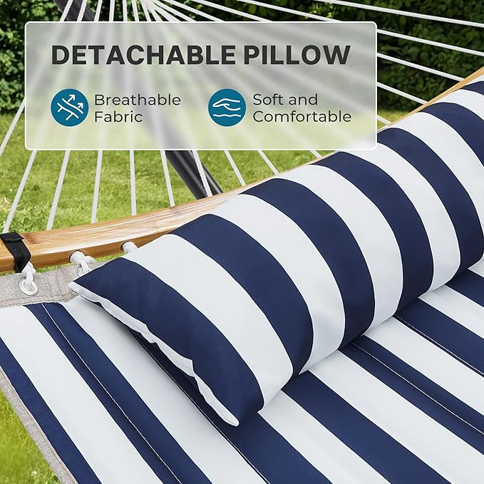 SUPERJARE Curved-Bar Hammock with Stand, 2 Person Heavy Duty Hammock Frame, Detachable Pillow & Portable Carrying Bag, Perfect for Outdoor & Indoor, Denim Blue with White Stripes
