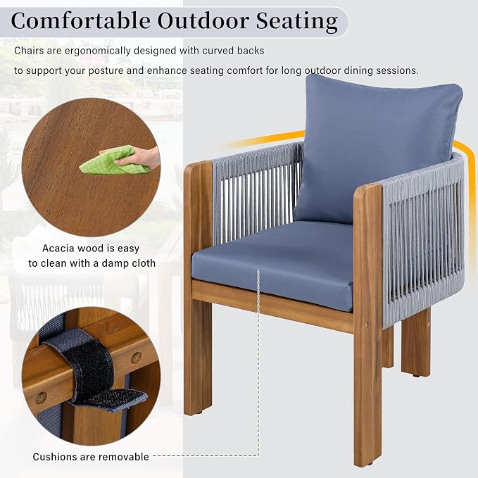 5-Piece Acacia Wood Outdoor Dining Set for 4 – Farmhouse Patio Furniture with Rope Woven Chairs & Cushions – Adjustable Legs for Uneven Surfaces (Brown,Gray16)