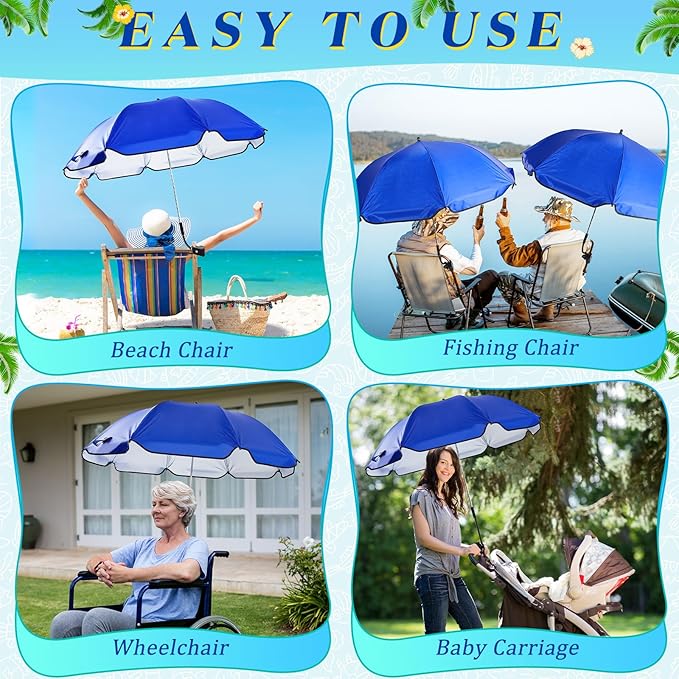 Buryeah 2 Pcs Beach Chair Umbrella Automatic with Universal Adjustable Clamp 44" UPF 50+ Portable Clamp on Beach Chair for Wheelchair Patio Golf Carts Camping