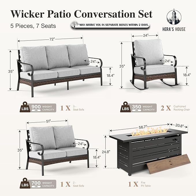 HERA'S HOUSE 5 Piece Metal Patio Furniture set with 56" Fire Pit Table, All Weather Outdoor Conversation Set, 3 Seat Sofa with Loveseat, 2 Rocking Chair, Seats 7 for Backyard, Garden, Deck, Light Grey