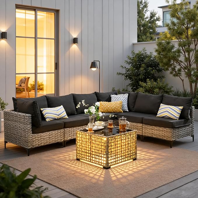 7 Pieces Patio Furniture Set with Solar Light Coffee Table, All-Weather Rattan Outdoor Sectional Conversation Sets L Shaped Sofas with Thick Cushions for Outside Porch Balcony Backyard Black