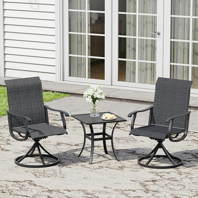 3 Pieces Small Patio Dining Set, 2 Textilene Swivel Chairs and Small Square Outdoor Table, Outdoor Furniture Set for Porch, Lawn, Garden, Black/Black