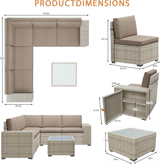 12 Piece Patio Furniture Set, 8" Wide Arm Sectional Sofa Set with Coffee Table, High-Back All-Weather Rattan Outdoor Conversation Set for Garden, Porch, Lawn, Khaki