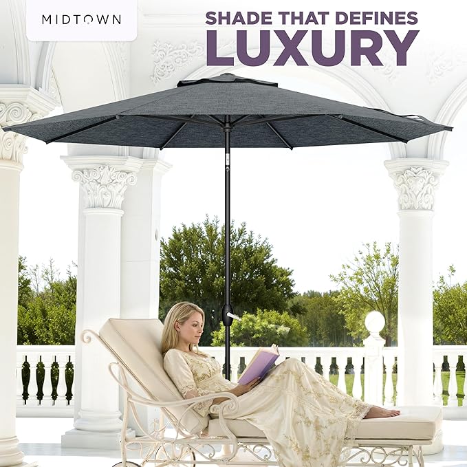 Midtown Umbrellas - The Lean 8 Ft Patio Umbrella with Fade-Resistant Sunbrella Fabric, Auto-Tilt Aluminum Frame and 8 Reinforced Ribs for Deck, Pool & Garden - Cast Slate Canopy, Black Pole