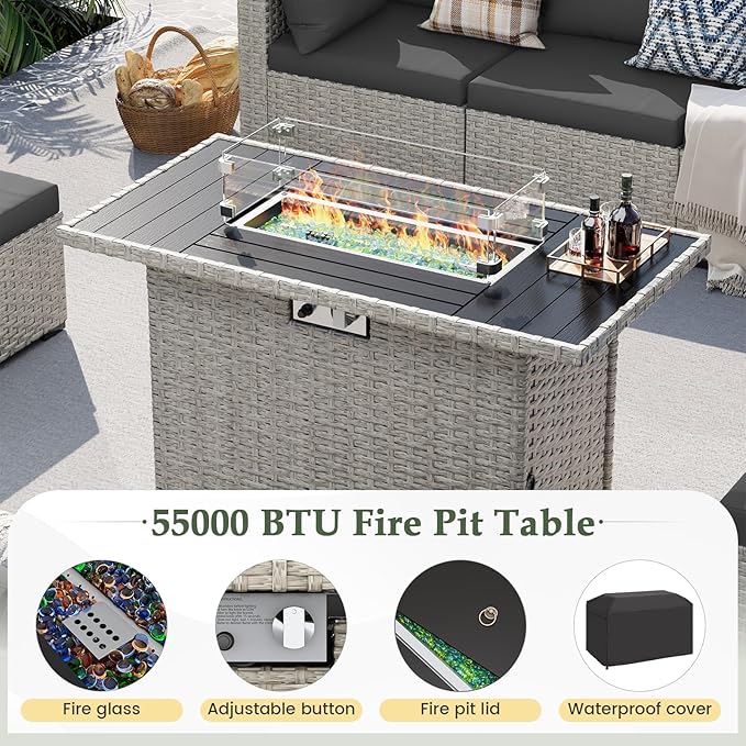 UDPATIO Patio Furniture Set with Fire Pit Table, 8 Pieces Outdoor Sectional Sofa, PE Wicker Patio Conversation Set for Garden, Backyard Black