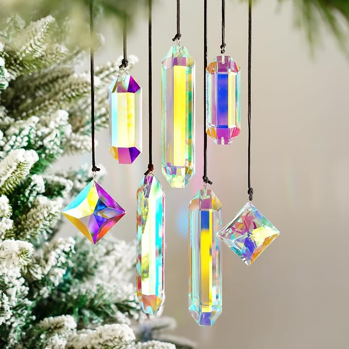 Set 7 Crystal Sun Catcher Prisms AB Colored Suncatcher Crystals for Window | Rainbow Maker Prisms,Indoor Window Suncatchers Hanging,Glass Ornaments for Christmas Tree Home Garden Decor,Gift For Women