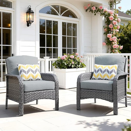 2 Pieces Patio Furniture Set, Two Single Chair Outdoor Furniture, All-Weather Rattan Wicker High Back Conversation Set of 2 for Small Space Porch, Backyard, Balcony, Dark Grey