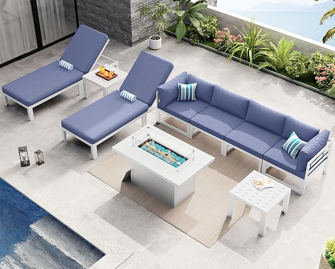 NICESOUL 9 Pcs Oversized Modern Aluminum Patio Furniture Set, All Weather Modular Sectional Sofa with Chaise & Fireplace, 500 lbs Heavy Duty Comfortable Outdoor Couch for Poolside Backyard, Denim Blue