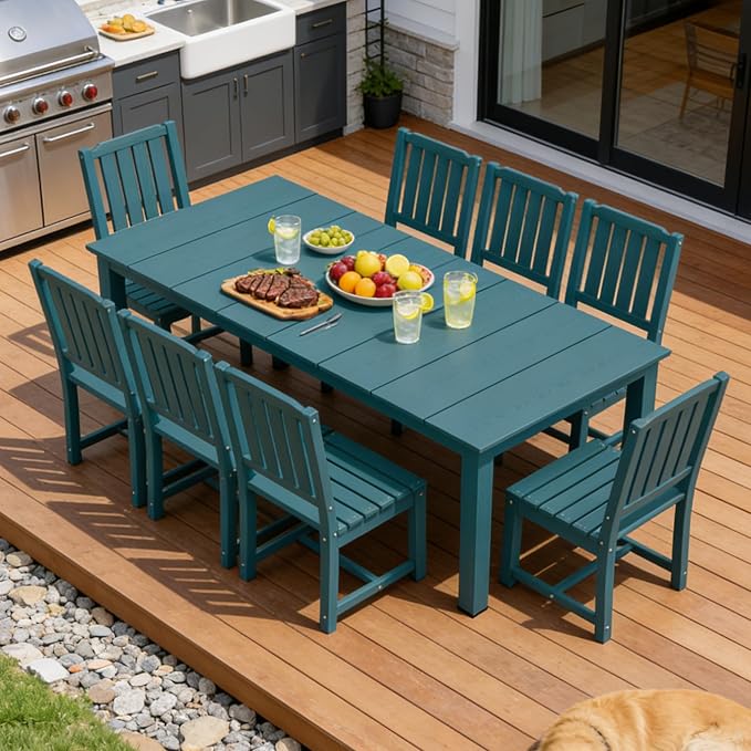 PLUUV Outdoor Dining Set for 8 Person, HDPE Large Table with Aluminum Legs and 8 Armless Chairs, All-Weather Patio Dining Furniture Set with Umbrella Hole for Backyard, Garden, Navy Blue
