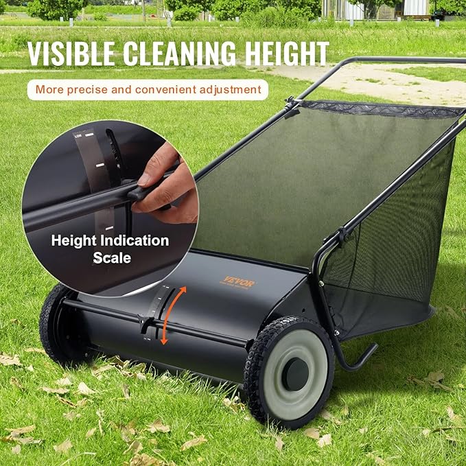 26 Inch Lawn Sweeper Push Hand Powered for Leaves, Grass Clippings & Yard Debris, 4 High-Speed Brushes & Large 7 cu ft Hopper Bag | Adjustable Height, ABS+Steel Frame (26 Inch Black2)
