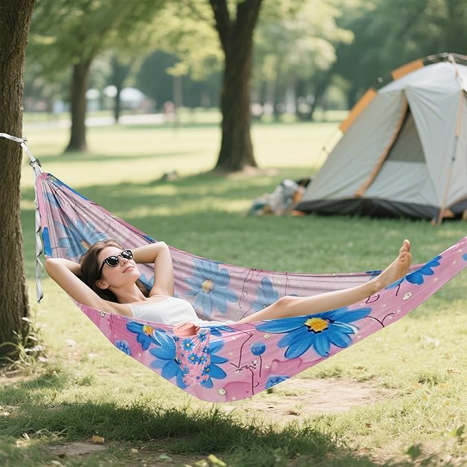 Oil Painting with Retro Blue Flowers 330lb Capacity Outdoor Hammocks with Portabl Carry Bag Backyard Hammock for Outside Beach Patio Garden Base para poner hamaca