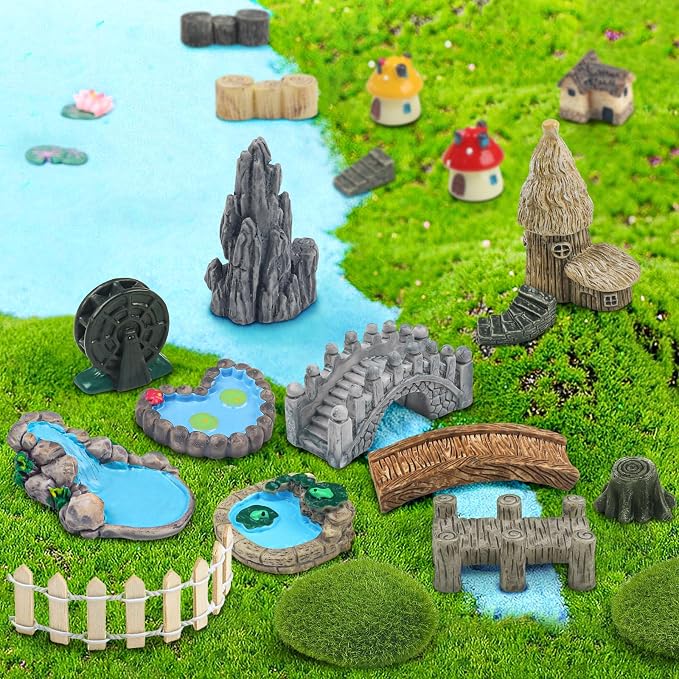 QUOZUO 21 Pcs Fairy Garden Miniatures Accessories Bridge House Landscape Water Well Fence Figurines Pond Mushroom Lawn Garden Ornament for DIY Craft Succulent Decor