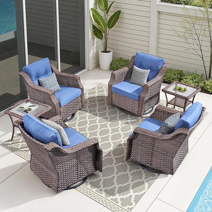 Outdoor Swivel Rocking Chair Set（ 6-Piece ）,All-Weather Wicker Rocking Chair Combination PE Rattan with Elegant Side Table Ideal for Courtyards, Balconies, Patios, and Porches Brown/Blue
