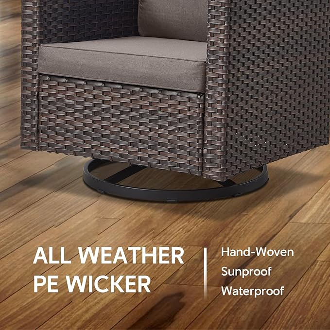 6 Piece Wicker Patio Furniture Set - Outdoor Swivel Rocker Chairs Set with Coffee Table, 3 Seat Sofa & Ottomans, Small Patio Conversation Sets Proch Furniture for Balcony Deck - Brown/Grey