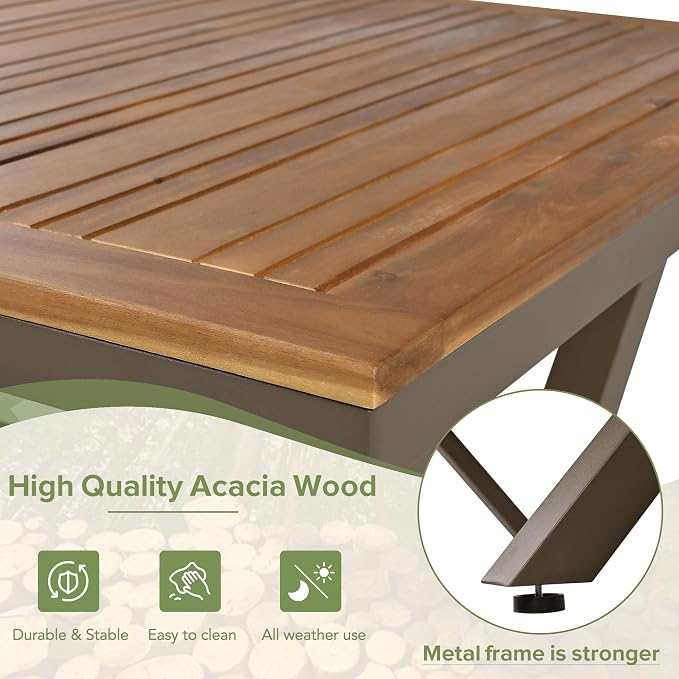 7 PCs Patio Dining Set with Table and 6 Chairs Beige | All-Weather Outdoor Furniture with Acacia Wood Tabletop & Metal Frame, for Garden, Backyard, or Balcony