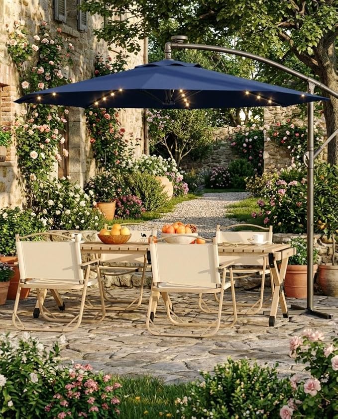 10FT Cantilever Patio Umbrella with Solar LED Lights - Heavy Duty 2-Tier Square Aluminum Offset Outdoor Umbrella, 360° Rotation for Poolside, Backyard, Deck Outdoor Use, Tan