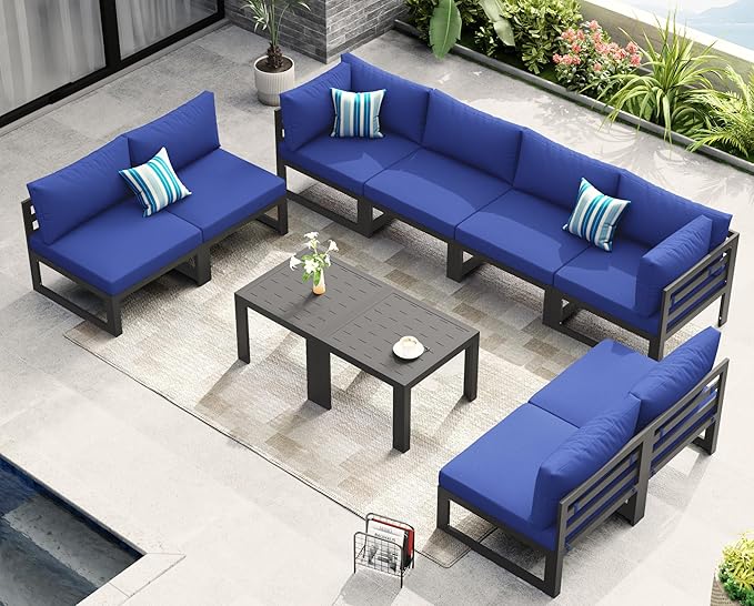 NICESOUL Extra Large Modern Aluminum Outdoor Sofa, 29" Deep Wide Seating, 500 lbs Heavy Duty Sectional Set for Heavy People, Fade & Water Resistant Patio Furniture Set for Backyard Poolside, Navy Blue
