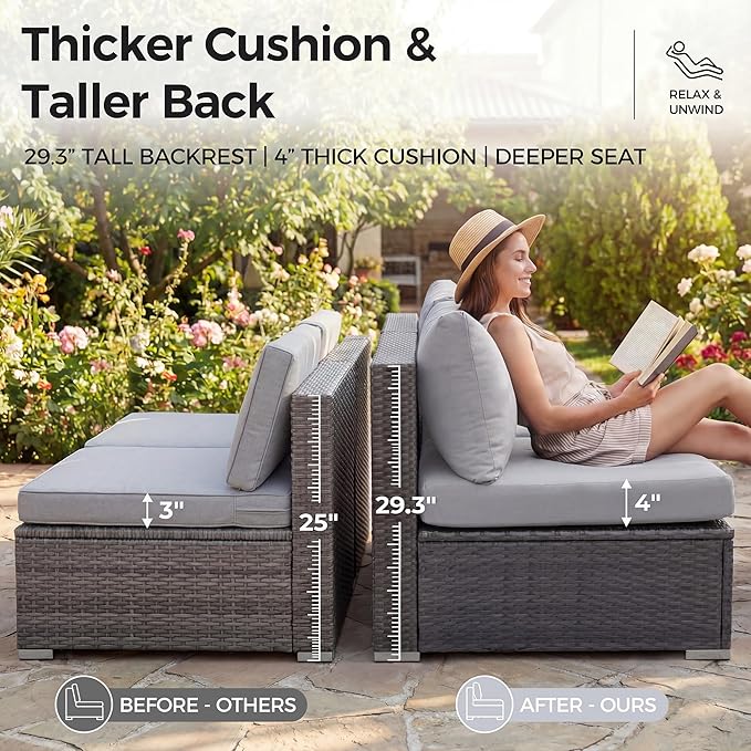 NICESOUL 6 Seats Modern Outdoor Furniture Set with Firepits Natural Gas/Propane, Extra Large Wicker Patio Sofa Sectionals for Outside, 29.3'' High Backrest Modular Deep Seated Conversations, Gray