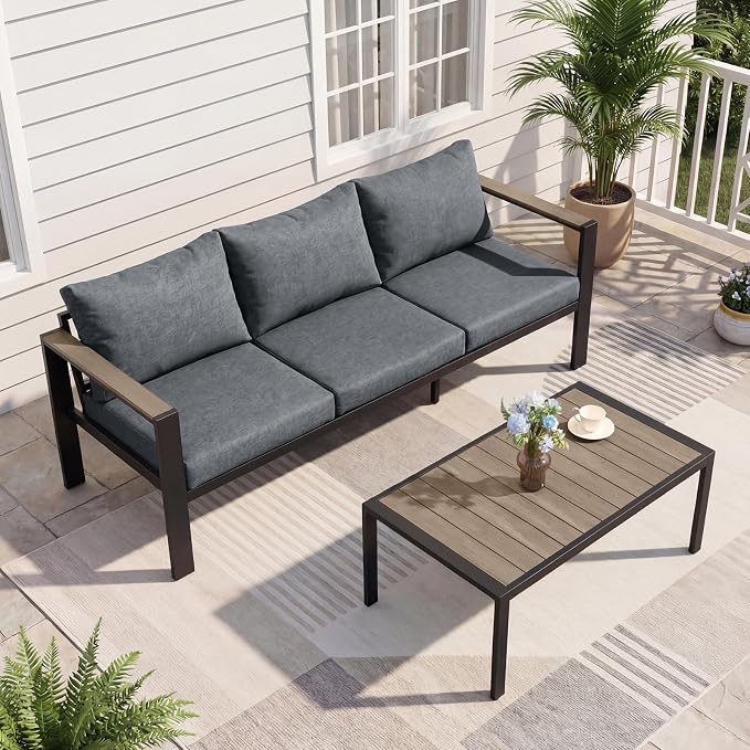 Patio Furniture Set 3 Seats Sofa and Coffee Table All-Weather Patio Sofa with Washable Thick Cushions, Deluxe Aluminum Modern Outside Sectional for Porch, Balcony, Deck, Yard, Light Gray
