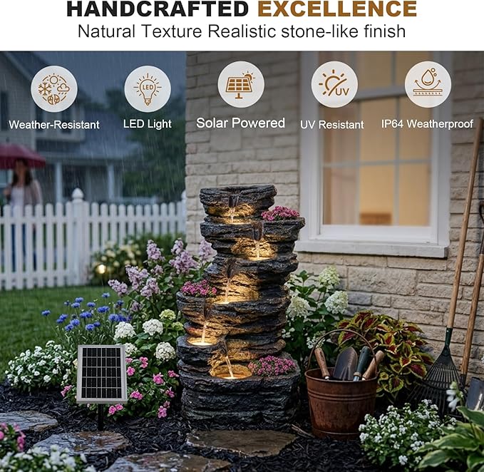 Solar Water Fountain Outdoor, 32.7" H 6-Tier Cascading Rock Waterfall Garden Fountain with 3000K Warm LED Lights & Battery Backup, IP64 Weatherproof Fountains for Patio, Yard, Deck, Porch