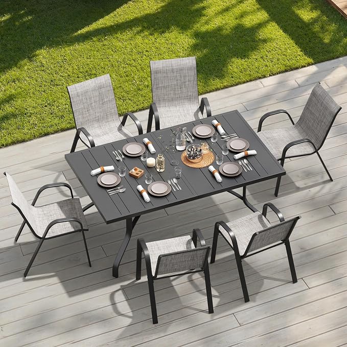 Soohow 7-Piece Outdoor Dining Set, Outdoor Patio Table and Chairs Set, 6 x Stackable Chairs & 1 x Outdoor Table with Umbrella Hole, All-Weather Patio Dining Sets for Poolside, Backyard and Porch