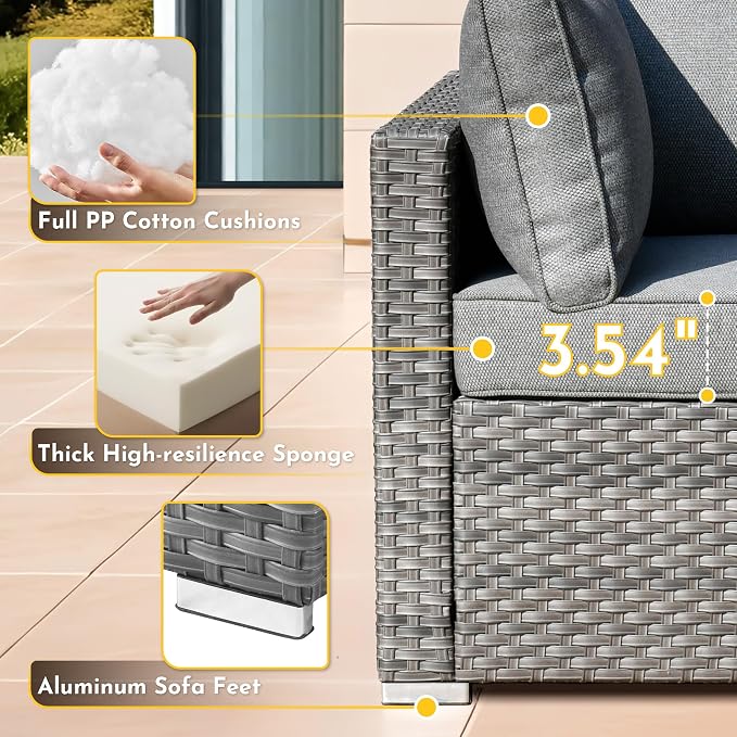 Weaxty 7 Pieces Outdoor Patio Furniture Set,Wicker Sectional Sofa Couch with Thicken Cushion and Glass Coffee Table,All Weather Rattan Patio Conversation Sets for Porch,Poolside,Backyard,Dark Gray