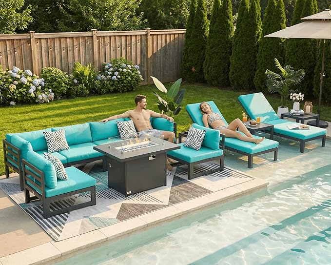 NICESOUL 11 Piece Extra Large Contemporary Aluminum Outdoor Furniture Set with Chaise Lounge & Fire Pit Table, 29" Deep Couch Set, 500 lbs High Weight Capacity Patio Sectional Sofa for Poolside, Teal