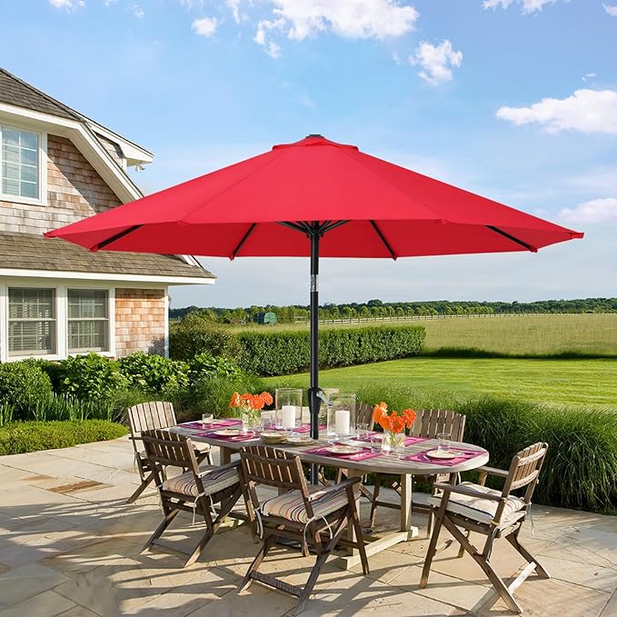 MASTERCANOPY 9FT Patio Umbrella with Push Button Tilt and Crank, Outdoor Market Umbrella with 8 Sturdy Ribs, UV Protection & Waterproof for Garden, Deck, Backyard, Pool (Red)