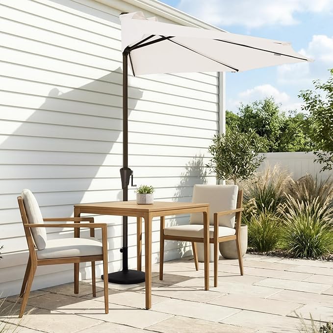 JEAREY 9ft Half Umbrella Outdoor Patio Umbrella Market Umbrellas with Crank, 1/2 Round Wall Umbrella 5 Sturdy Ribs UV Protection for Pool Garden Balcony Deck, Cream White