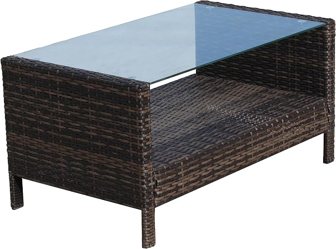 34.6" Patio Side Table, Large Rectangle Outdoor Coffee Table with Tempered Glass Top, Heavy Duty PE Rattan Wicker End Table, Patio Sofa Table for Backyard Deck Patio