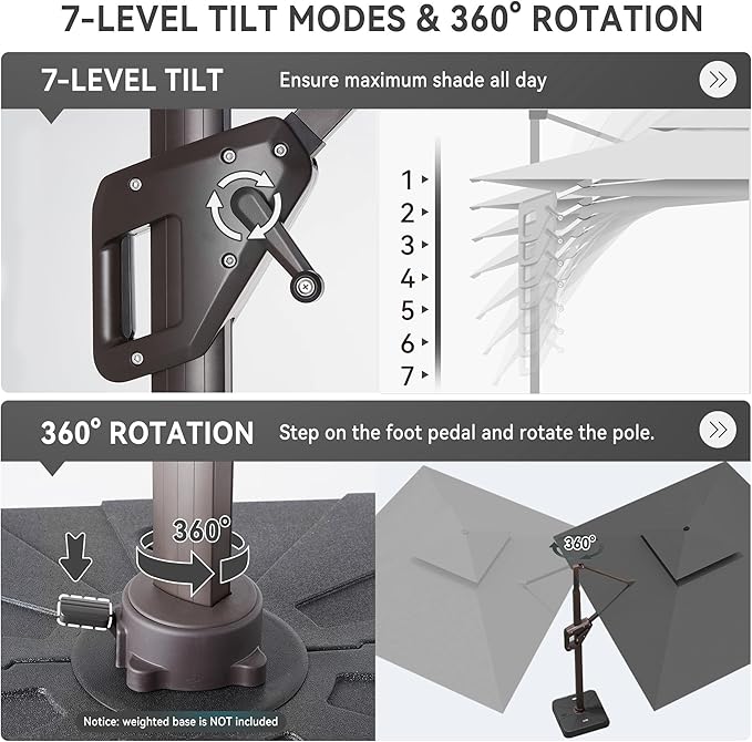 10 X 13 FT Cantilever Outdoor Patio Umbrella with Base Included Large Heavy Duty 360° Rotation Double Top Offset Rectangular Umbrellas with LED Lights for Backyard Outside Deck, Grey