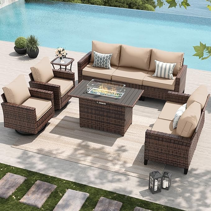 Amopatio Patio Furniture Set, 6-Piece Wicker Outdoor Sectional Sofa with Swivel Rocker Chairs, All-Weather Rattan Conversation Set with Fire Pit Table and Waterproof Cover for Backyard Brown/Khak