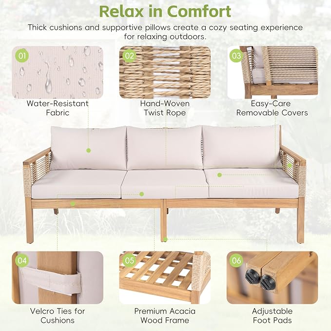 3-Piece Patio Conversation Set, All Weather Acacia Wood 3-Seater Sofa with Cushions, 2 Coffee Tables and Woven Rope Accents, Outdoor Furniture Set for Garden, Backyard, Poolside